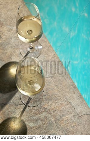Closeup Summer White Wine Glass Near Pool