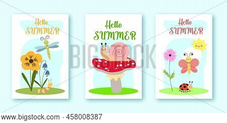 Summer Flyers Set. Cute Cartoon Bee, Bugs, Cameo Shell, Dragonfly, Worm Vector Illustrations With Su