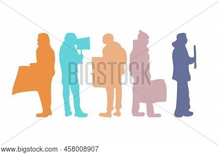 Group Of People Color Silhouettes. Men Protesters With Placard Different Poses. Growd Of People Stan