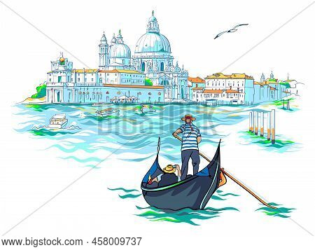 Gondolier In Gondola On Grand Canal In Hat With Red Ribbon And Typical Striped Singlet, Saint Mary O