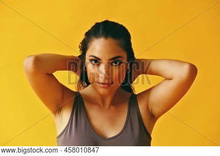 Headshot Beauty Shot Of Hispanic Latina Woman Smiling Young Adult With Hands On Hair Black Long Hair