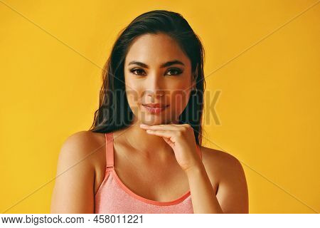 Headshot Beauty Shot Of Pensive Hispanic Latina Woman Smiling Young Adult With Black Long Hair And T