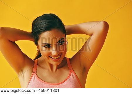 Headshot Beauty Shot Of Hispanic Latina Woman Smiling Young Adult With Hands On Hair Black Long Hair
