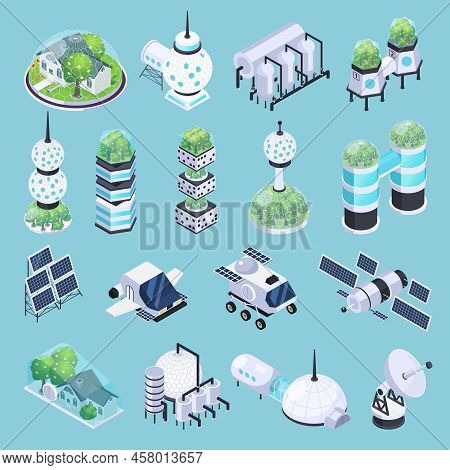 Space Colonization Terraforming Isometric Icons Set With Isolated Images Of Rover Vehicles Satellite