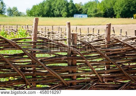 Natural Willow Wicker Fence Structure In Ethnographic Open-air Museum In Pyrohiv, Ukraine.