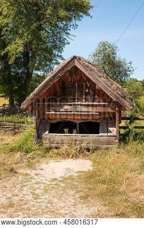 Thatched Roof Barn Structure Folk Architecture In Ethnographic Open-air Museum In Pyrohiv Village, U