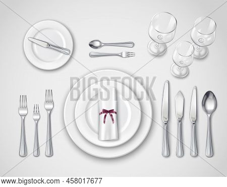 Table Setting Realistic Top View With Modern Cutlery Set Serving For One Person 3d Vector Illustrati