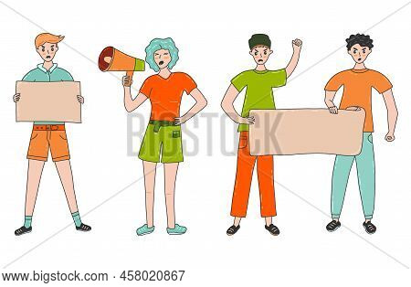 Group Of Protesting Young People. Guys With Posters And Girl With Loudspeaker. Demand For Justice, P