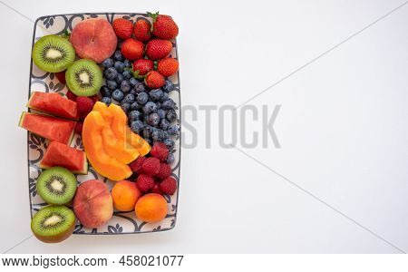 Group Of Fresh Summer Colorful Fruit - Healthy Food In A Dish On White Background, Healthy Eating Co