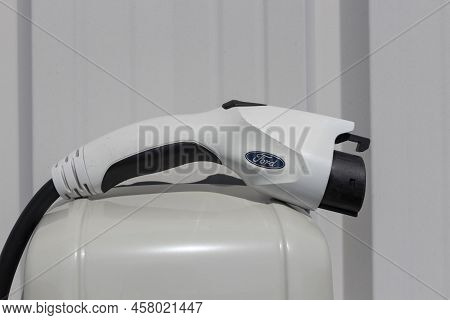 Harrison - Circa July 2022: Ford Electric Charging Station For The Mustang Mach-e, Fusion Plug-in An