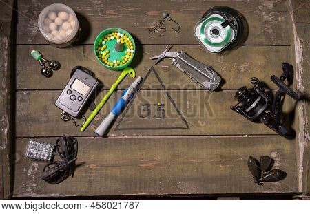 Various Fishing Tools. Preparation For Fishing. Fishing Line, Hooks And Other Tools For Fishing Inst