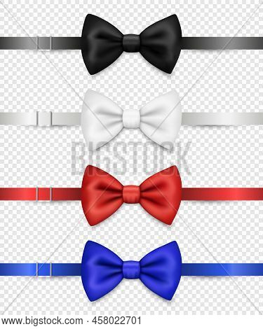 Vector 3d Realistic Black, White, Red, Blue Bow Tie With Ribbon, Clasp Set Isolated. Silk Glossy Bow