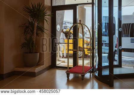 Hotel Luggage Cart , Baggage Trolley In The Hotel Lobby Hallway Background Or Bellman Luggage Cart