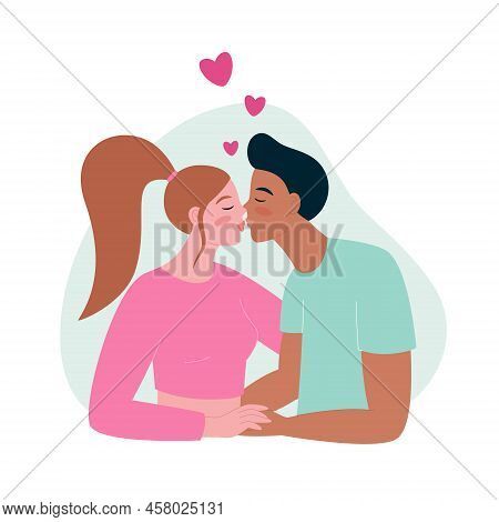 Vector Illustration Of Kissing Couple. Geterosexual Couple At Romantic Date. Man And Woman In Love.