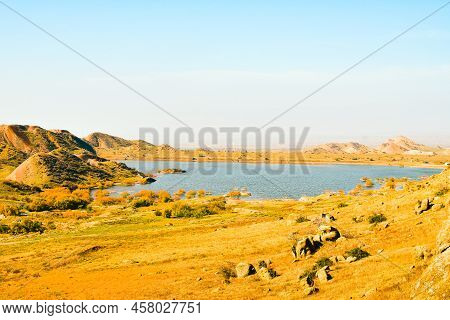 Aerial View Mravaltskaro Reservoir And White Desert Canyons In Georgia
