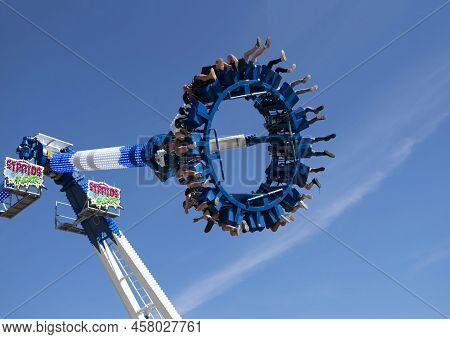 Grantham, Lincolnshire, England- July 9, 2022. Stratosfear Thrill Ride At Grantham Fun Fair At Wyndh