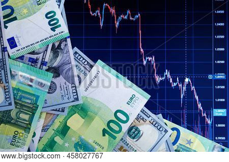 Us Dollar And Euro Banknotes Over Digital Screen With Real Life Exchange Chart, Usd Eur Parity Conce
