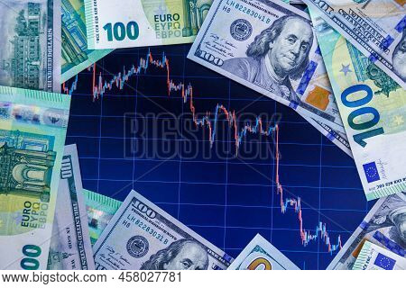 Us Dollar And Euro Banknotes Over Digital Screen With Real Life Exchange Chart, Usd Eur Parity Conce