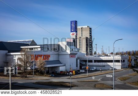 Reykjavik, Iceland - March 31, 2022:  View Of Kringlan Shopping Mall Building, With Visible Hagkaup,