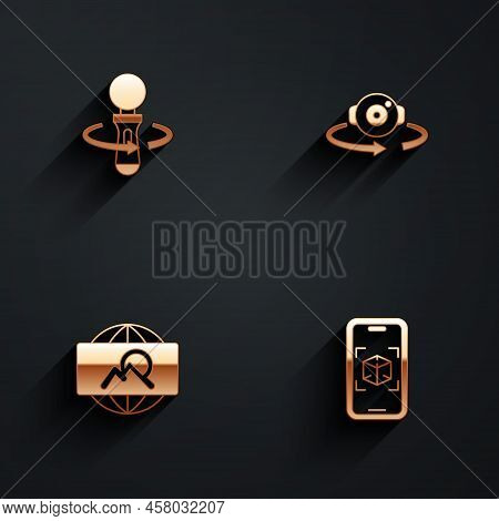 Set Vr Controller Game, 360 Degree View, Wide Angle Picture And 3d Modeling Icon With Long Shadow. V