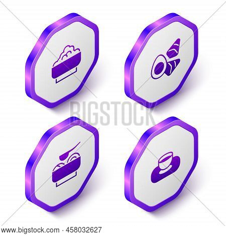 Set Isometric Rice In A Bowl, Chicken Egg With Vegerables, Ramen Soup And Soy Sauce Icon. Purple Hex