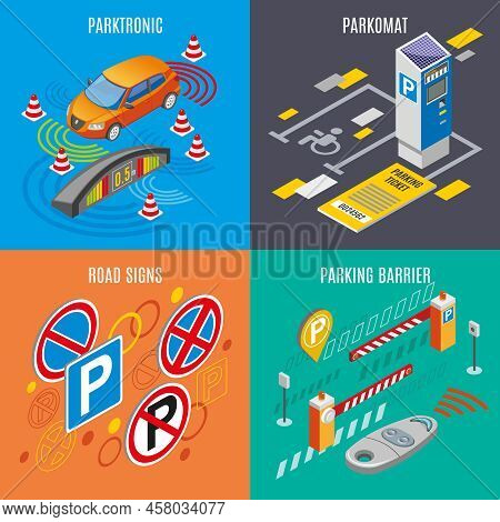 Isometric Parking Icon Set With Parktronic Parkomat Road Sings And Parking Barriers Descriptions Vec