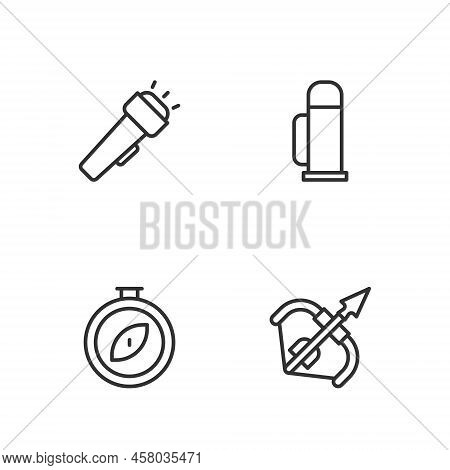 Set Line Medieval Bow And Arrow, Compass, Flashlight And Thermos Container Icon. Vector