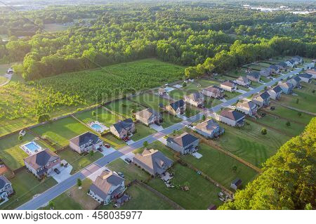 Panorama Aerial Top View Landscape The Residential Quarters At Beautiful Town In Inman, South Caroli