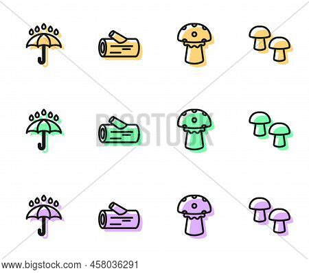 Set Line Mushroom, Umbrella And Rain Drops, Wooden Log And Icon. Vector