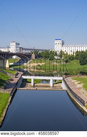 Vitebsk, Belarus - June 26, 2022 : Vitebsk City Skyline. The Vitba River.
