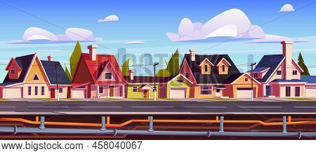 Suburb Houses And Underground Pipeline. Sewer And Plumbing System Under City Street. Vector Cartoon 