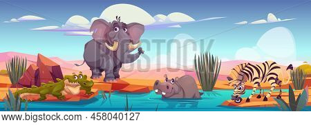 Elephant, Zebra, Crocodile And Hippo On River Shore In African Savannah. Vector Cartoon Illustration