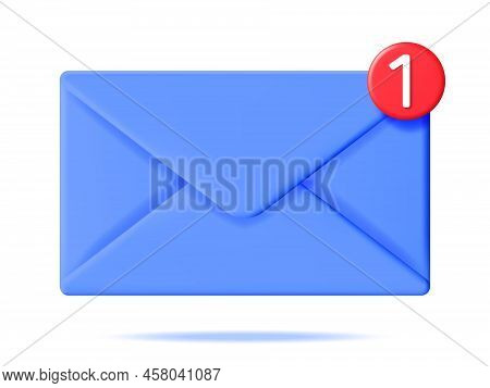 3d Mail Envelope With Notification New Message Isolated. Blue Paper Letter Icon With Notification Re