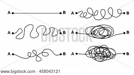 Hard, Medium And Easy Way Solution Concept Illustrated By Tangled And Straight Lines. Complicated An