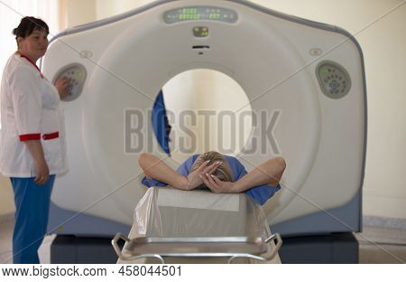 Belarus, Gomil City, Central Hospital. May 31, 2021. The Patient Is Given Magnet Resonance Therapy.