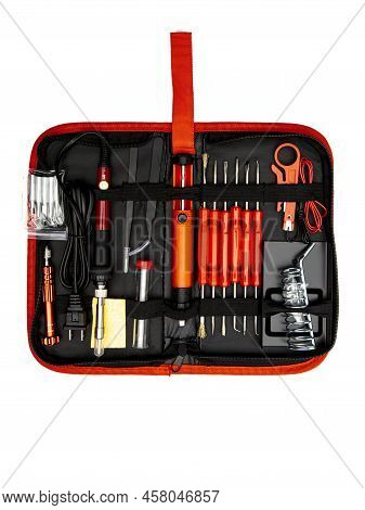 A Soldering Toolset In A Black Case Isolated In A White Background.black Bag With Soldering Accessor
