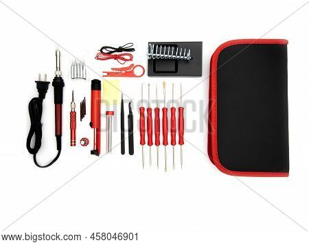 A Soldering Toolset In A Black Case Isolated In A White Background.black Bag With Soldering Accessor