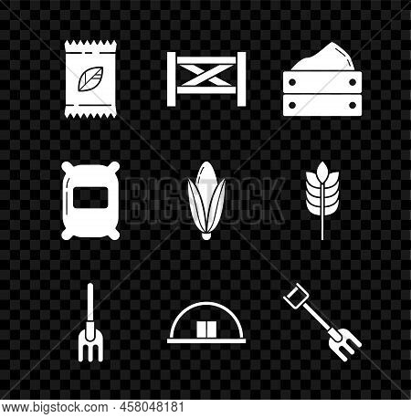 Set A Pack Full Of Seeds Of A Specific Plant, Garden Fence Wooden, Wooden Box With Harvest, Rake, Ha