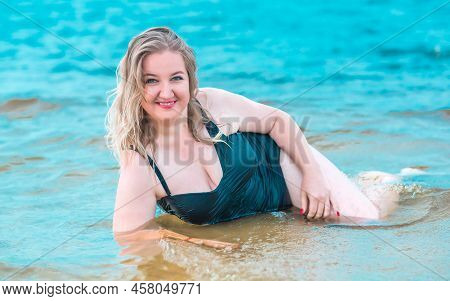 Plus Size European Or American Smiling Woman At Beach, Enjoy The Life. Life Of People Xxl Size, Happ