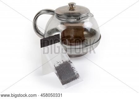 Tea Bag Of Dry Black Tea Leaves Made With Food Plastic Mesh Rectangular Shape With Attached Paper La
