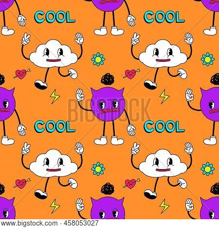 Seamless Pattern With Psychedelic Characters. Trendy Vector Print. Abstract Design Of Cartoon Sticke