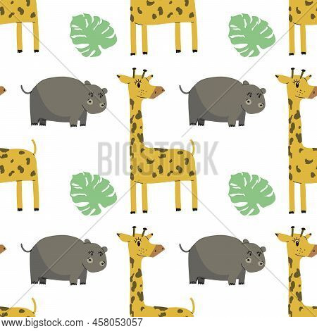 Pastel Cute Jungle Animals With Leaf Seamless Pattern Background Eps