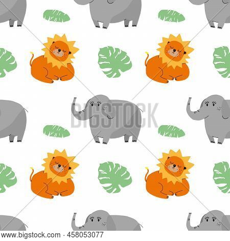 Pastel Cute Jungle Animals With Leaf Seamless Pattern Background Eps