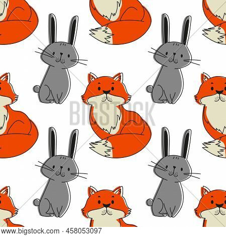 Seamless Background With Cute Forest Animals In Cartoon Style Eps