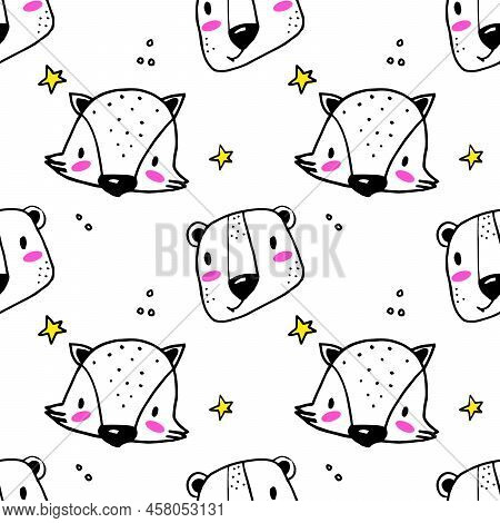 Cute Seamless Pattern With Line Art Style Wild Animals - Adorable Hand Drawn Design Eps