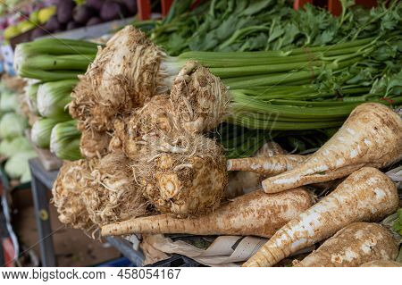 Celery And Horseradish Roots On A Stall In A Market In Haifa In Israel