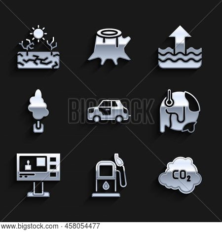Set Car, Petrol Or Gas Station, Co2 Emissions In Cloud, Global Warming, Television Report, Tree, Ris