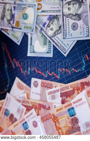 Us Dollar And Russian Ruble Banknotes Over Digital Screen With Real Life Exchange Chart, Usd Rub Dep