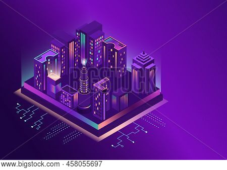 Futuristic Smart Night City. Residential Urban Buildings And High-rises In An Isometric Flat Design.