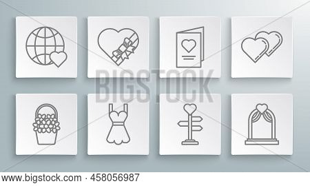 Set Line Flowers In A Basket, Candy Heart Shaped Box And Bow, Woman Dress, Signpost With, Wedding Ar